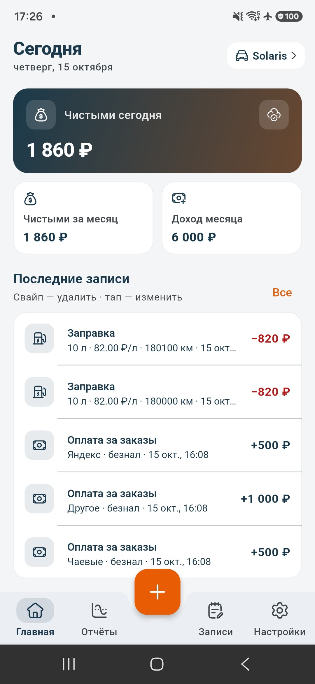 Главный экран: чистый доход за сегодня